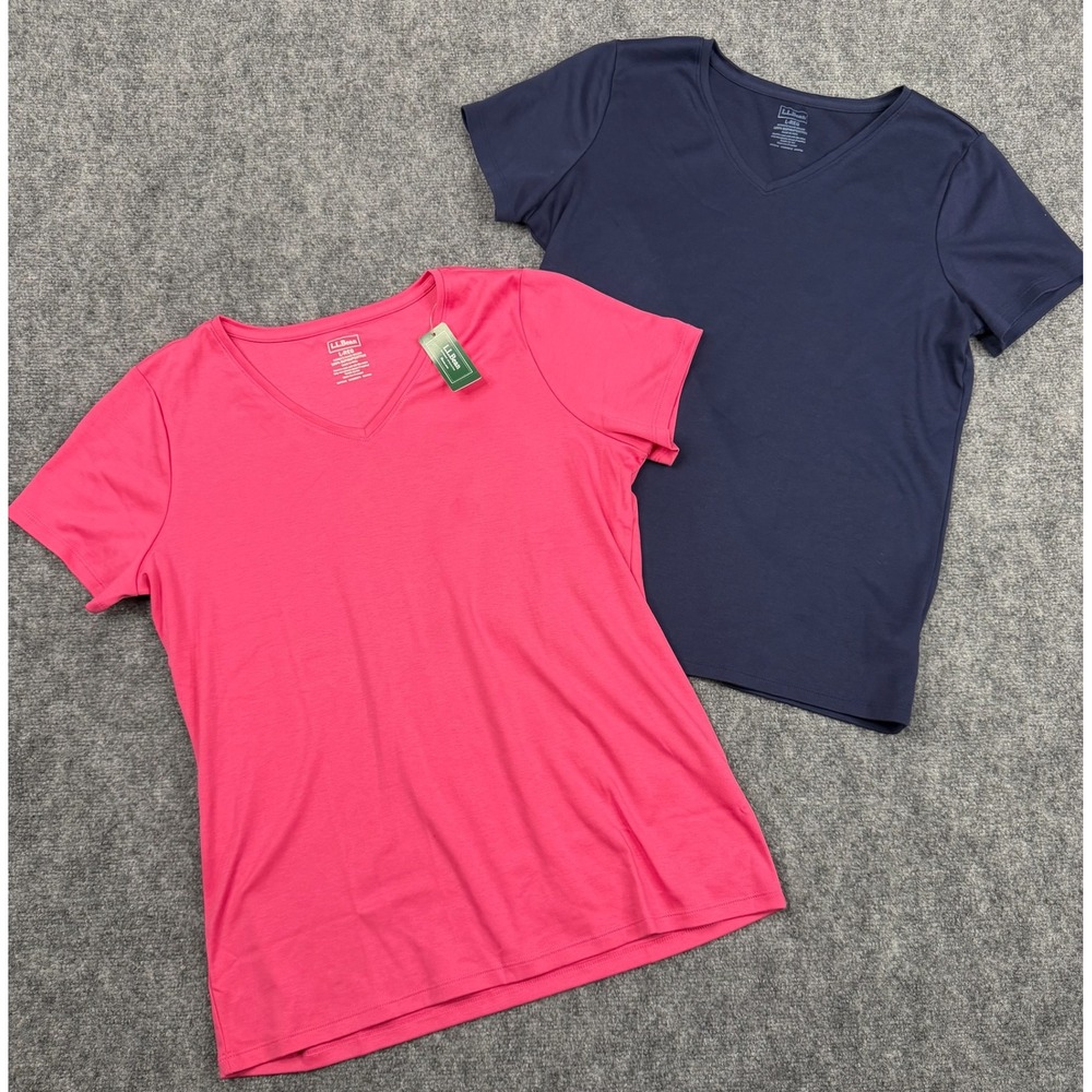 LL Bean Womens Supima Cotton V-Neck T-Shirt 2 Pack Navy Pink Large L-REG 501229
